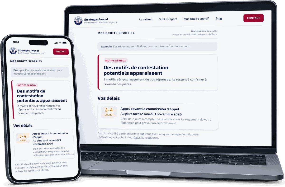 L'outil Mes droits sportifs affiché sur un ordinateur portable et sur un téléphone : exemple de diagnostic avec les délais à respecter